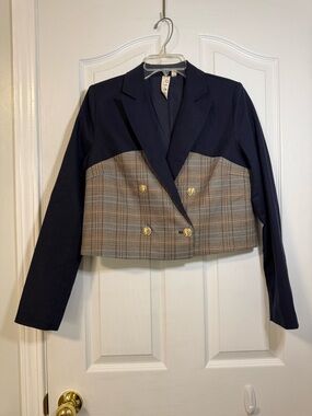 dolan Navy Cropped Blazer with Brown Plaid Peplum